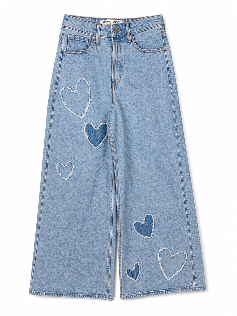 Social Tourist Light Blue Wide-Leg Jeans with Heart Appliqués
